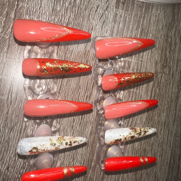Red and gold stiletto nails! 2 white marbled nails with gold flakes! Gorgeous! - Picture 4 of 12